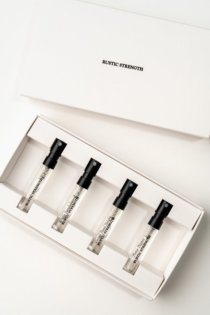 Perfume collection sample pack- Iron Embers, Pome Pepper, Vintage Floral Delight, and White Sandalwood