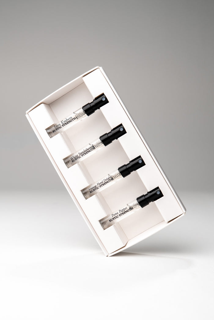 Perfume collection sample pack- Iron Embers, Pome Pepper, Vintage Floral Delight, and White Sandalwood