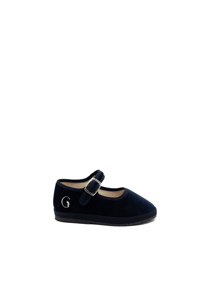 Handcrafted Gondolina Picenin Mary Jane Baby in dark blue velvet, featuring authentic Venetian design, main view