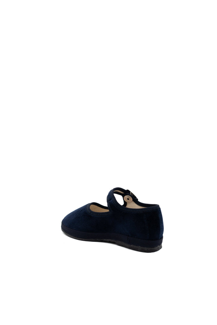 Handcrafted Gondolina Picenin Mary Jane Baby in dark blue velvet, featuring authentic Venetian design, side view