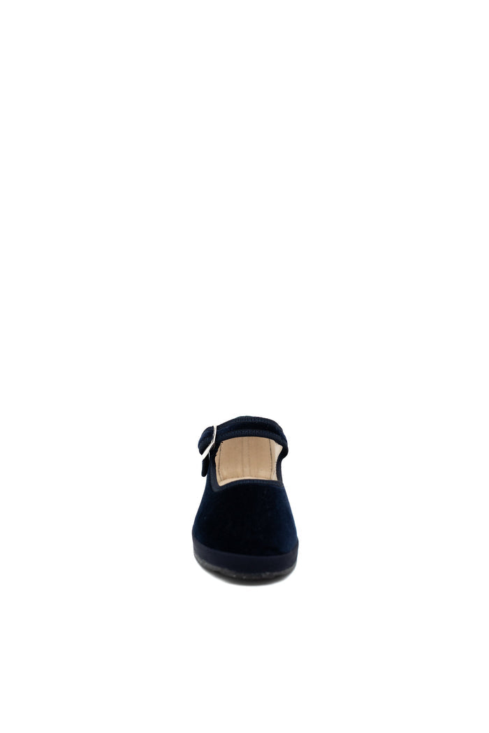 Handcrafted Gondolina Picenin Mary Jane Baby in dark blue velvet, featuring authentic Venetian design, Close-up