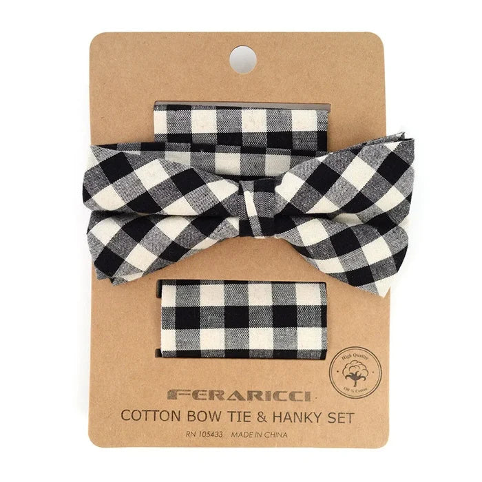 Plaid Cotton Bow Tie & Matching Pocket Square-Black & White