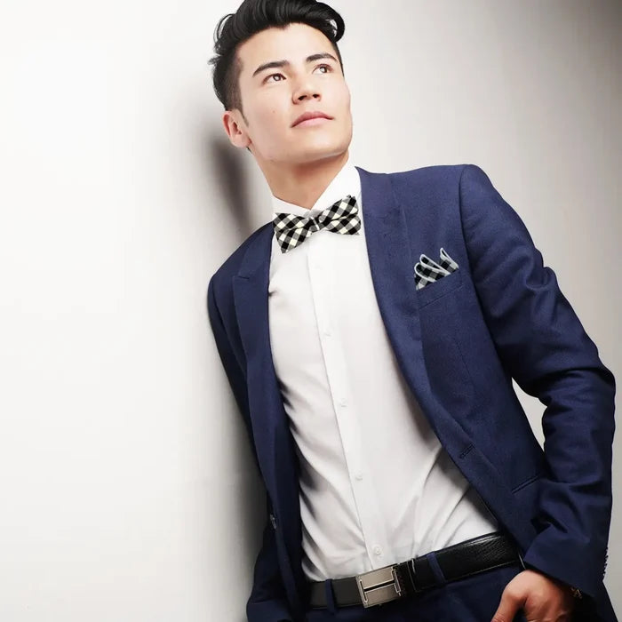 Plaid Cotton Bow Tie & Matching Pocket Square-Black & White