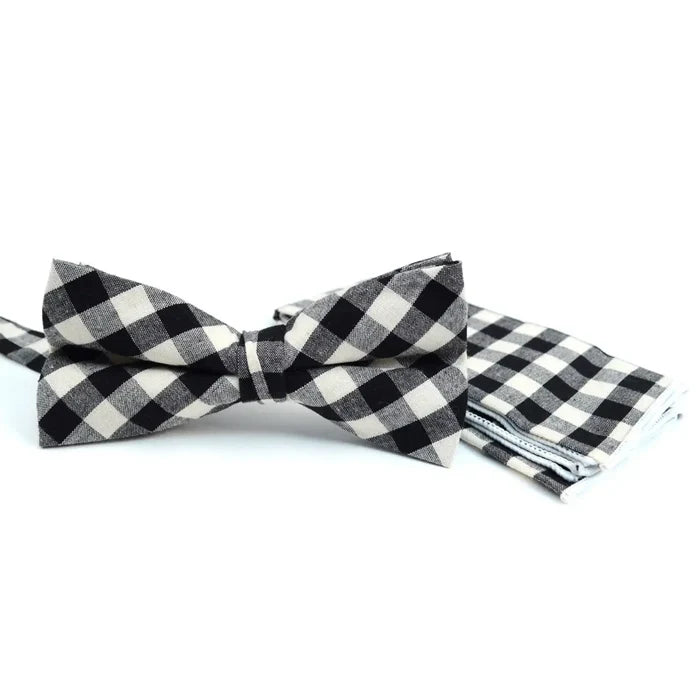 Plaid Cotton Bow Tie & Matching Pocket Square-Black & White