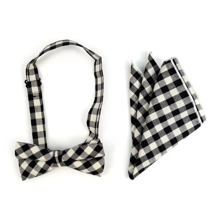 Plaid Cotton Bow Tie & Matching Pocket Square-Black & White