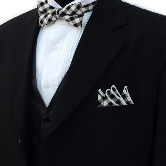 Plaid Cotton Bow Tie & Matching Pocket Square-Black & White