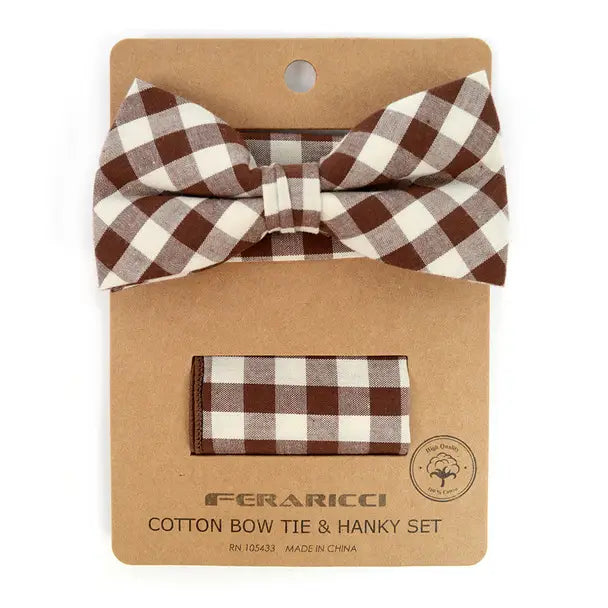 Plaid Cotton Bow Tie & Pocket Square-Brown & White
