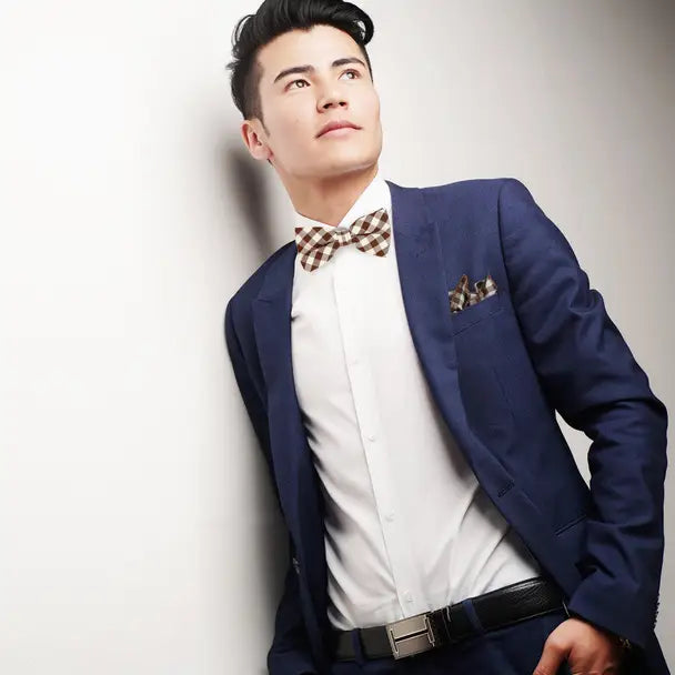 Plaid Cotton Bow Tie & Pocket Square-Brown & White