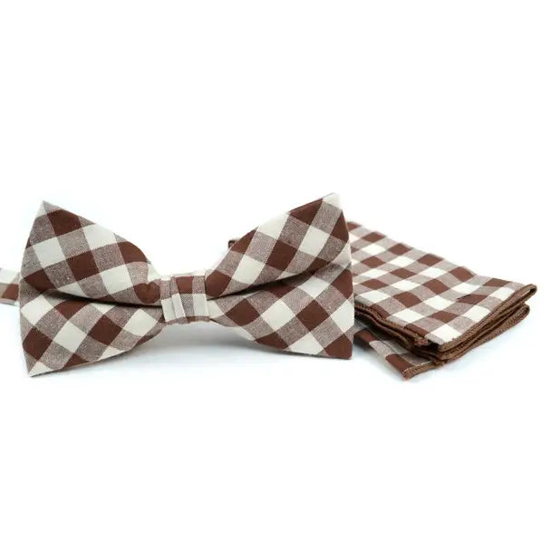 Plaid Cotton Bow Tie & Pocket Square-Brown & White