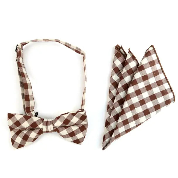 Plaid Cotton Bow Tie & Pocket Square-Brown & White