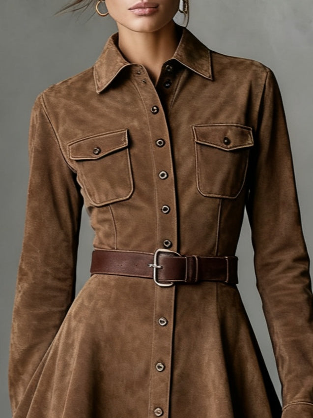 Playful Suede Single-breasted Lapel Long-sleeved Mini Dress