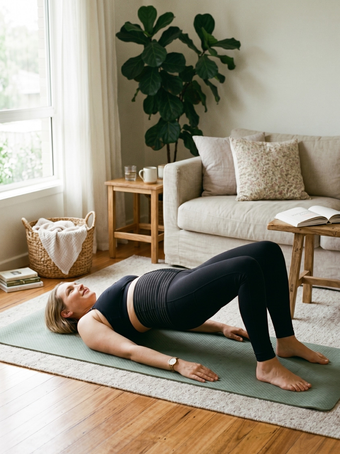 mom-wearing-postpatum-belly-band-pelvic-floor-exercice