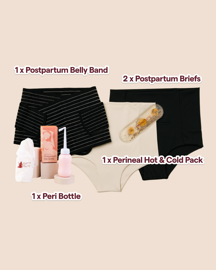 MammaBump Postpartum Recovery Essentials Bundle contents: Postpartum Belly Band, two Postpartum Soothing Briefs, Perineal Hot & Cold Therapy Pack, and Peri Bottle for vaginal birth recovery