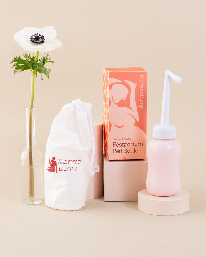 MammaBump Postpartum Peri Bottle with its Cleanse & Soothe packaging and branded hygiene pouch for gentle postpartum perineal care