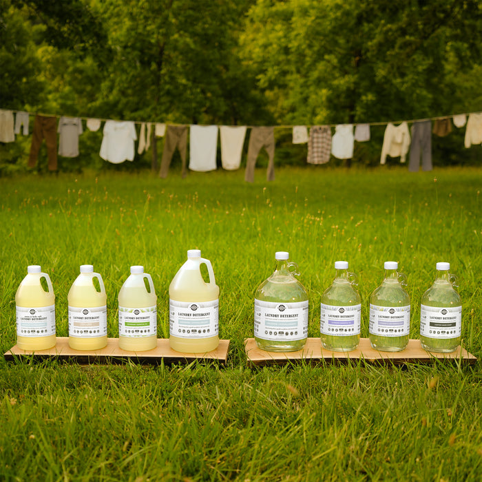 A Collection of Laundry Detergent lined up outside on the grass