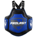 PROLAST Platinum gel boxing body protector in black and blue, front view with the PROLAST chest panel and GEL side pads