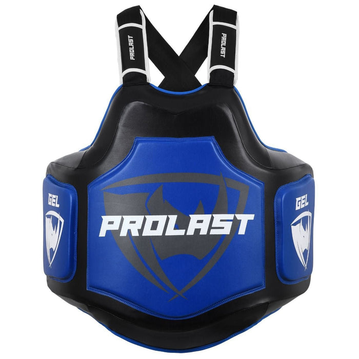 PROLAST Platinum gel boxing body protector in black and blue, front view with the PROLAST chest panel and GEL side pads