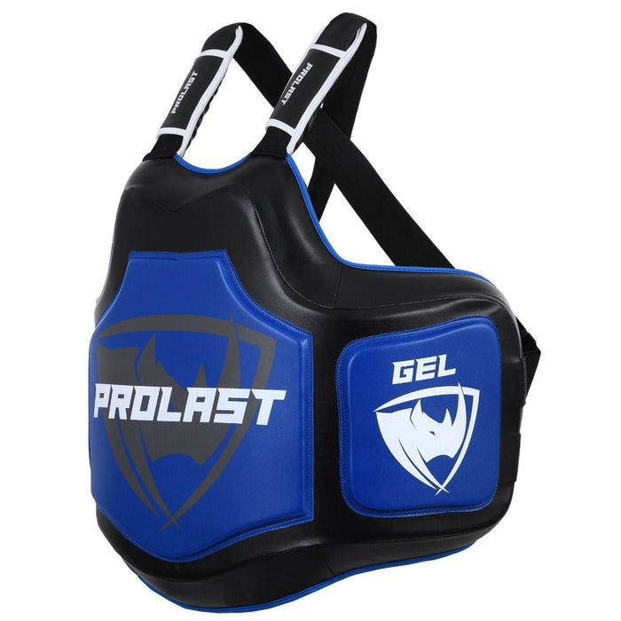 PROLAST Platinum gel boxing body protector in black and blue, angled view of the blue GEL side pad and shoulder straps