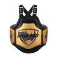 PROLAST Platinum gel boxing body protector in black and gold, front view with the gold PROLAST panel and GEL side pads