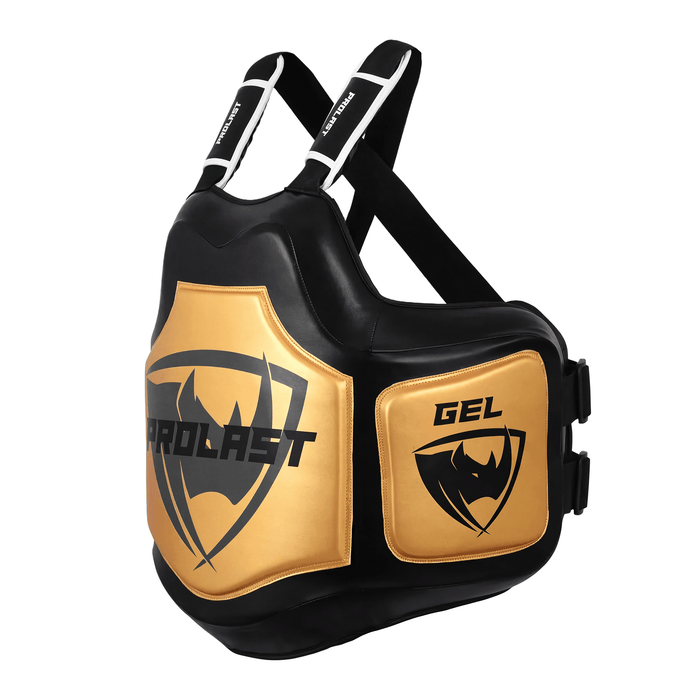 PROLAST Platinum gel boxing body protector in black and gold, angled view of the gold GEL side pad