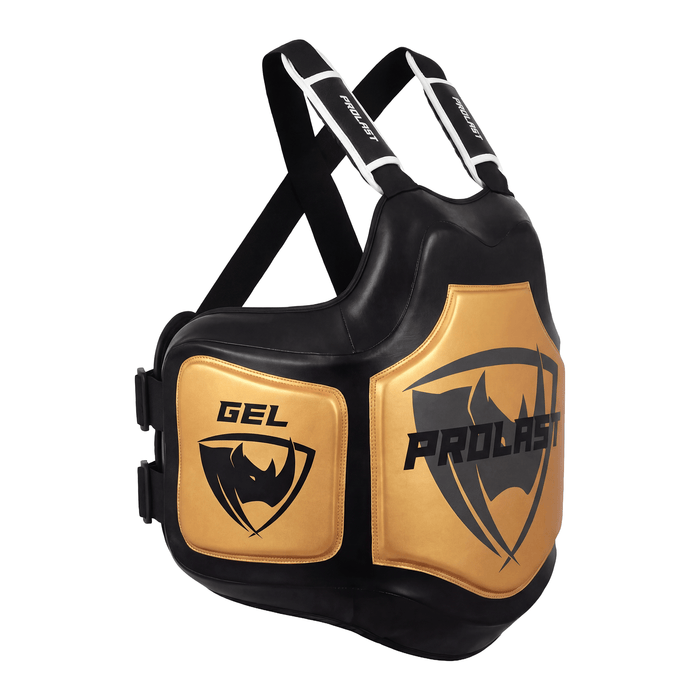 PROLAST Platinum gel boxing body protector in black and gold, angled view from the other side