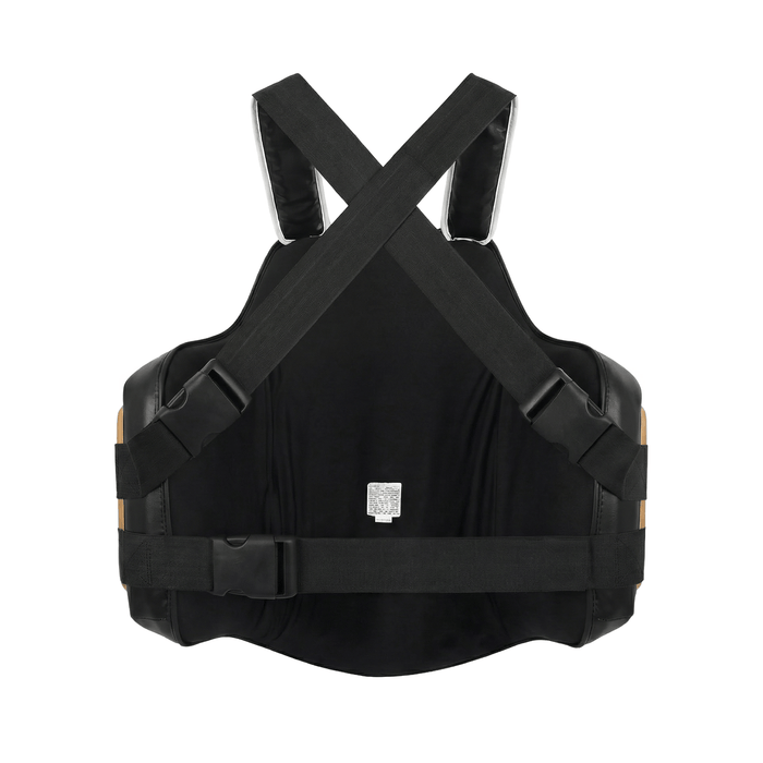 PROLAST Platinum gel boxing body protector in black and gold, back view with crossed straps and waist strap