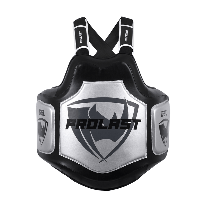 PROLAST Platinum gel boxing body protector in black and silver, front view with the silver PROLAST panel and GEL side pads
