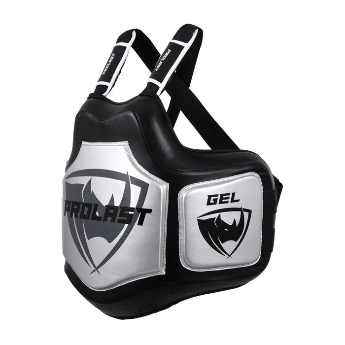 PROLAST Platinum gel boxing body protector in black and silver, angled view of the silver GEL side pad