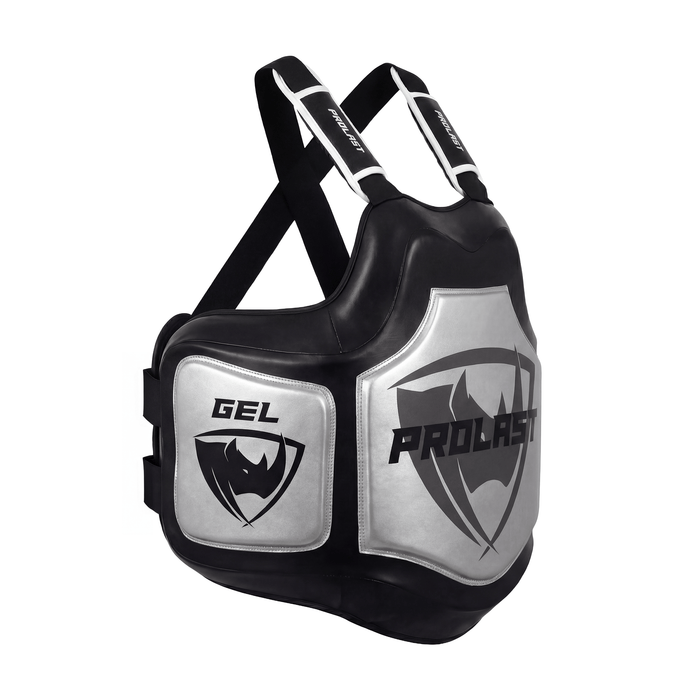 PROLAST Platinum gel boxing body protector in black and silver, angled view from the other side