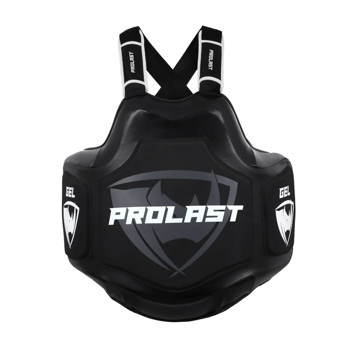 PROLAST Platinum gel boxing body protector in all black, front view with white PROLAST lettering and GEL side pads