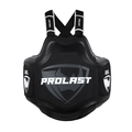 PROLAST Platinum gel boxing body protector in all black, front view with white PROLAST lettering and GEL side pads