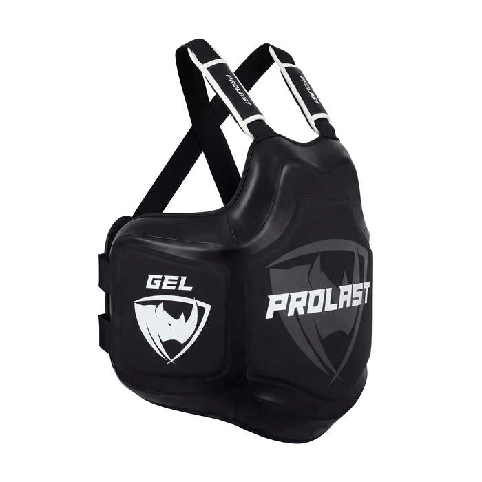 PROLAST Platinum gel boxing body protector in black, angled view of the GEL side pad and shoulder straps