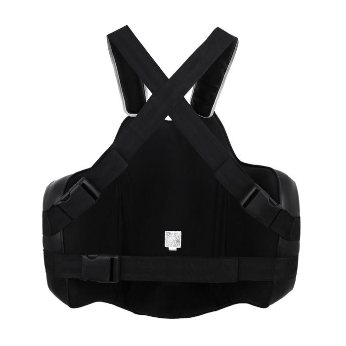 PROLAST Platinum gel boxing body protector in black, back view with crossed straps and waist strap