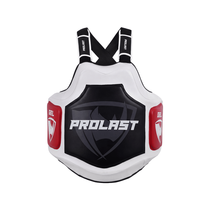 PROLAST Platinum gel boxing body protector in white and black, front view with black PROLAST panel and red GEL side pads