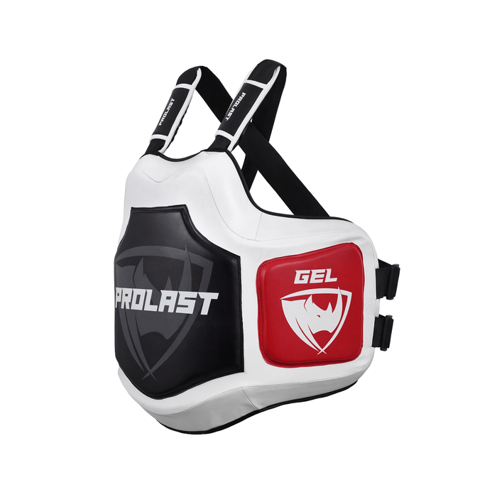 PROLAST Platinum gel boxing body protector in white and black, angled view of a red GEL side pad