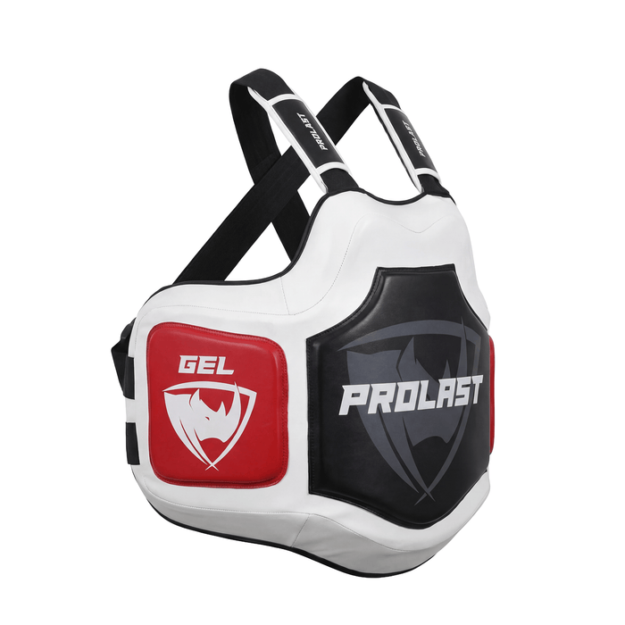 PROLAST Platinum gel boxing body protector in white and black, angled view from the other side
