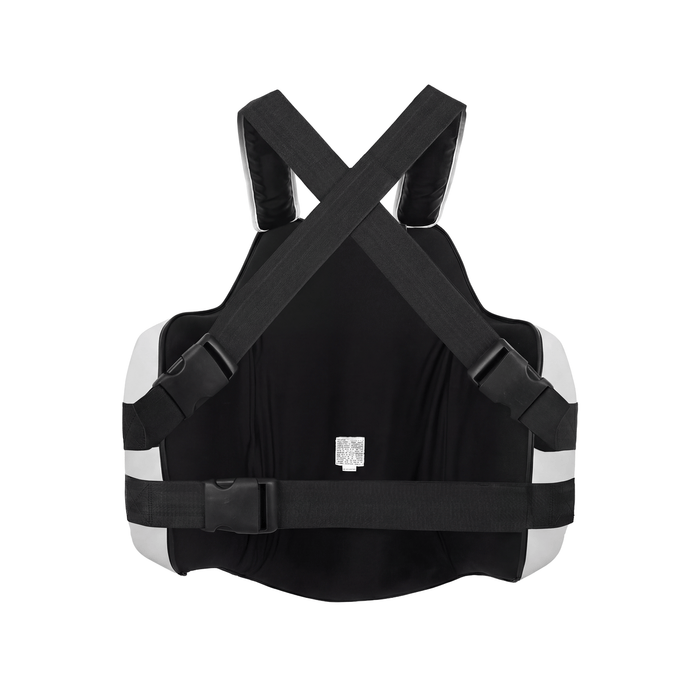 PROLAST Platinum gel boxing body protector in white and black, back view with crossed straps and waist strap