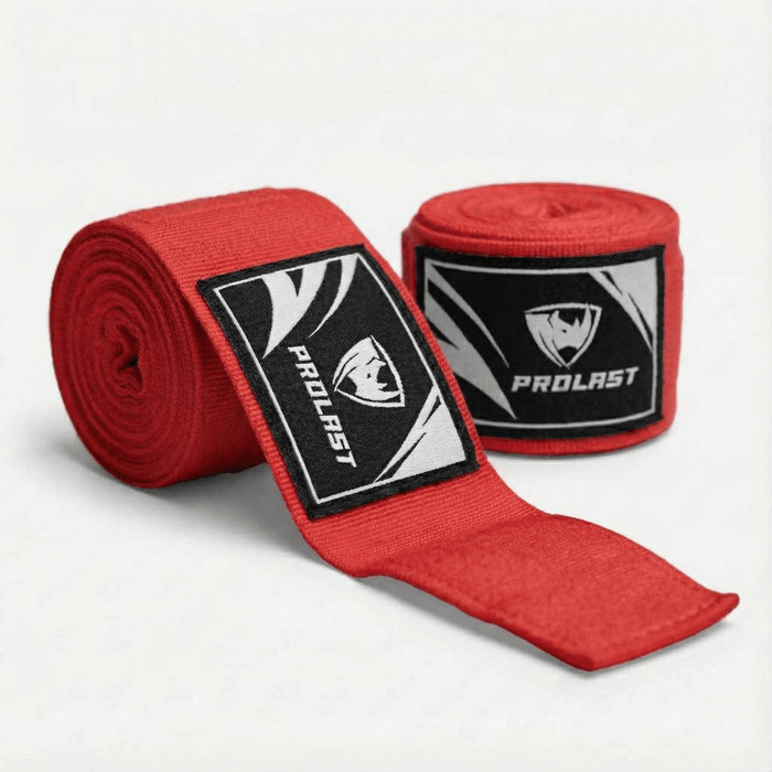 PROLAST 180 in professional boxing hand wraps in Fury Red, two rolls, one partly unrolled to show the logo label
