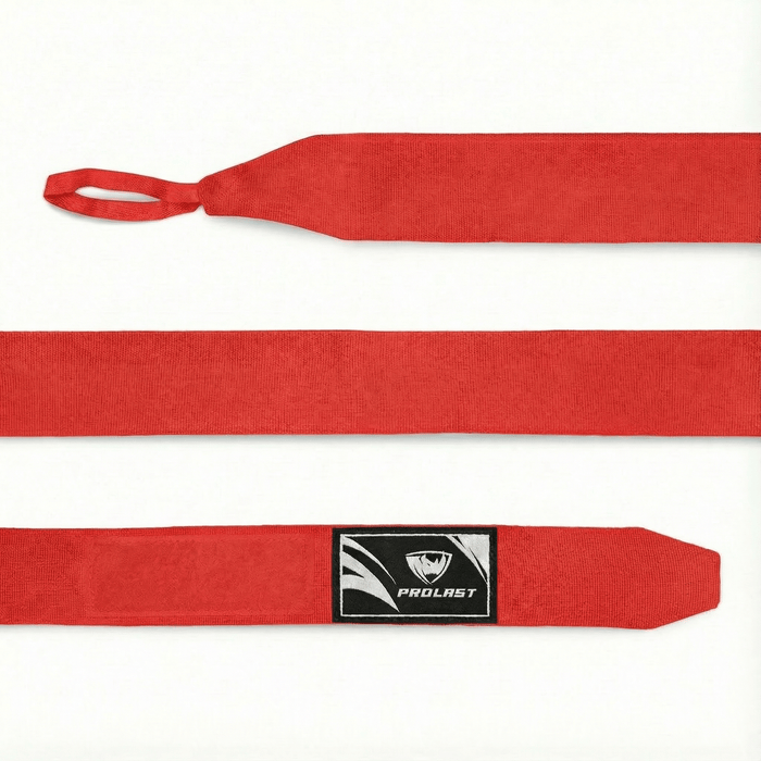 PROLAST 180 in professional boxing hand wraps in Fury Red, laid flat: thumb loop, full length and closure end with logo