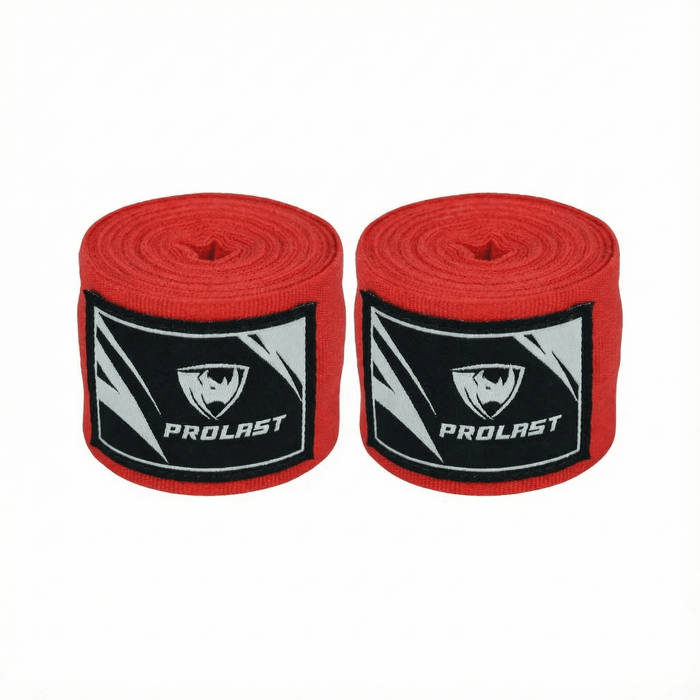 PROLAST 180 in professional boxing hand wraps in Fury Red, pair of rolled wraps side by side, logo labels facing front