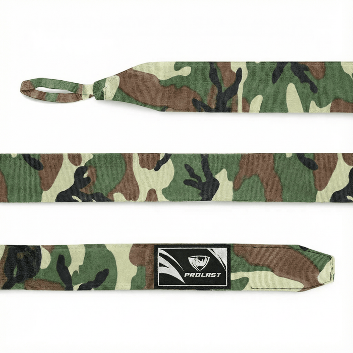 PROLAST 180 in professional boxing hand wraps in Military Green camo, laid flat: thumb loop, full length and closure end with logo