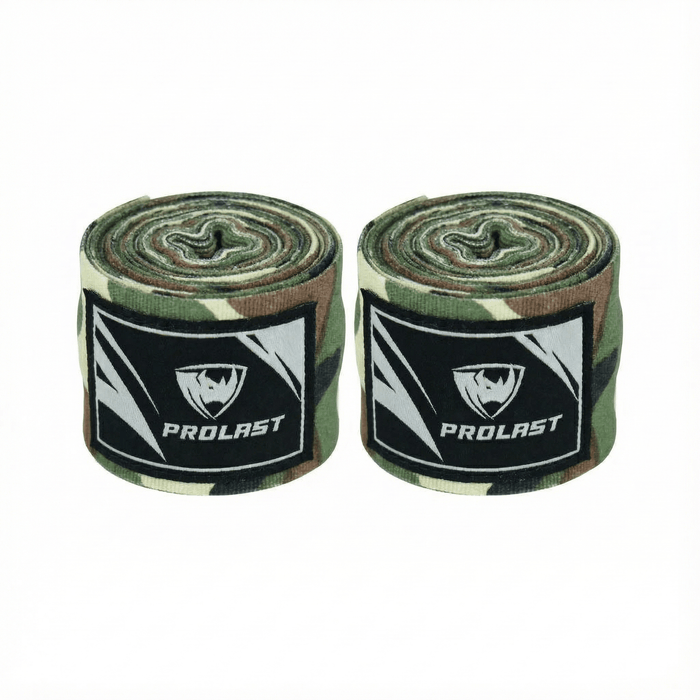 PROLAST 180 in professional boxing hand wraps in Military Green camo, pair of rolled wraps side by side, logo labels facing front