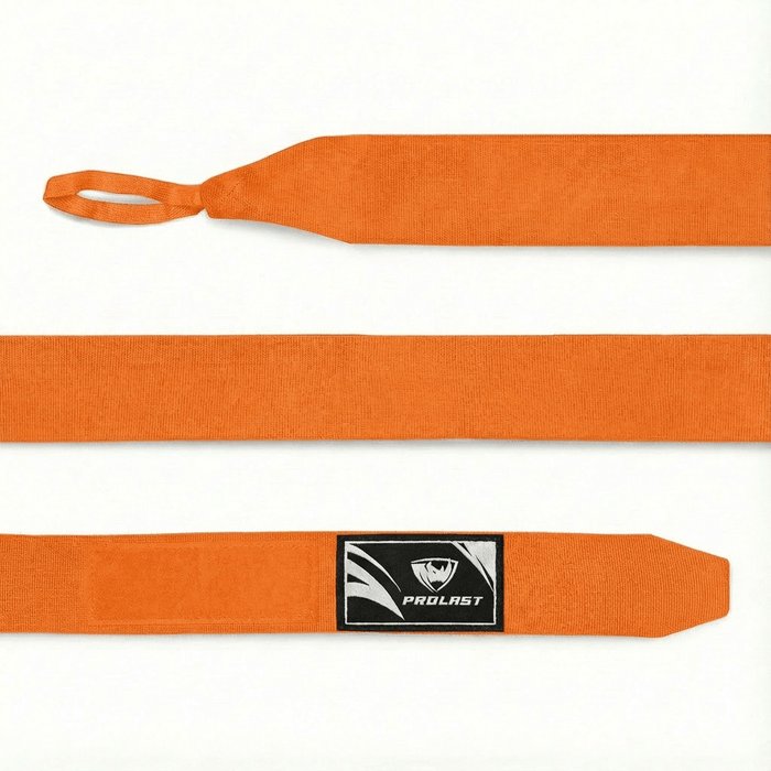 PROLAST 180 in professional boxing hand wraps in Orange Punch, laid flat: thumb loop, full length and closure end with logo