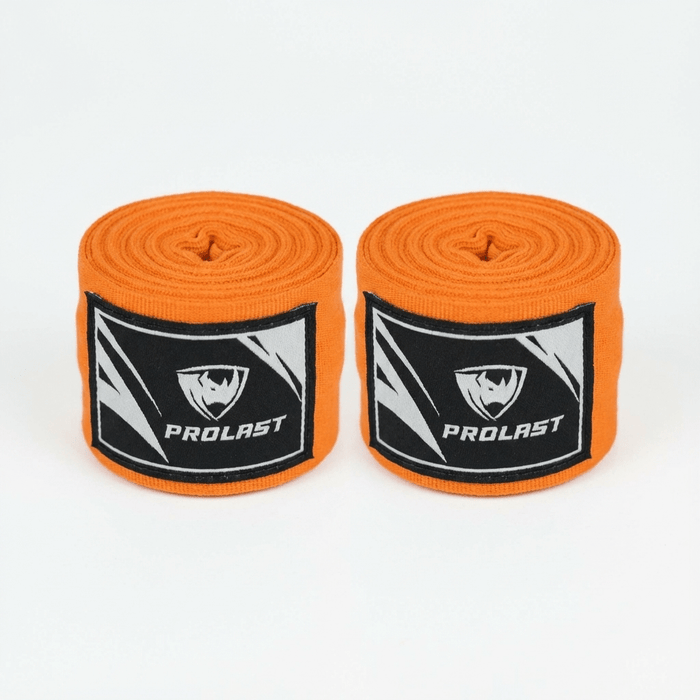 PROLAST 180 in professional boxing hand wraps in Orange Punch, pair of rolled wraps side by side, logo labels facing front