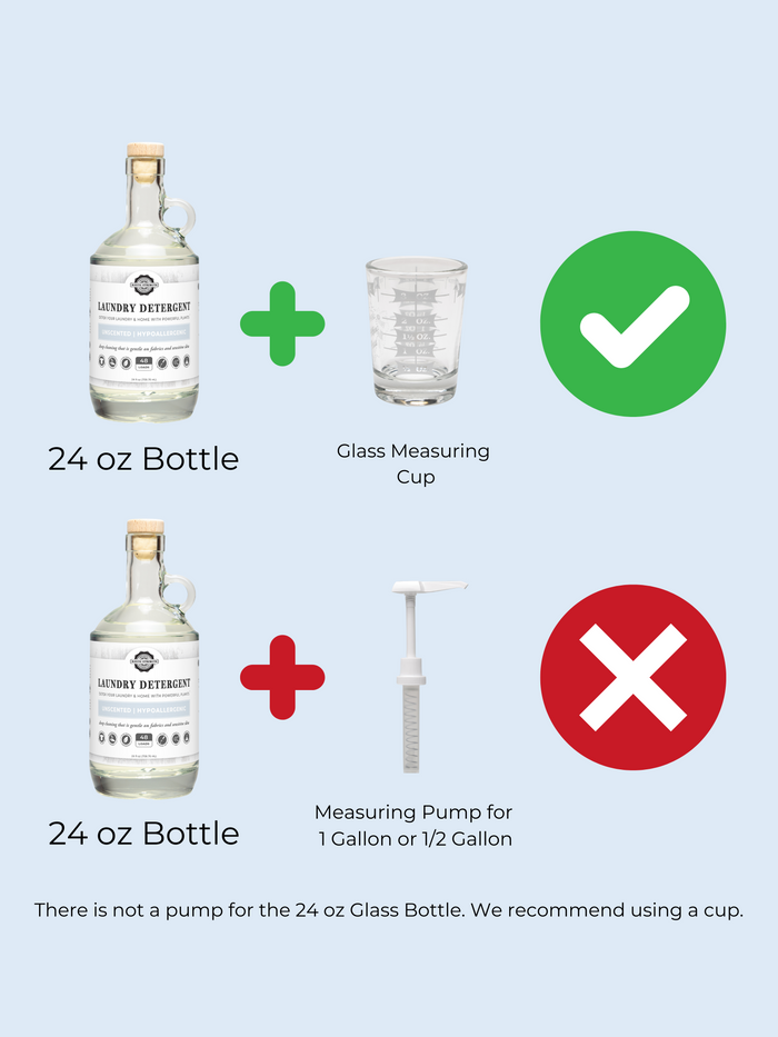 Rustic Strength, Graphic showing the Half Gallon and Gallon  Measuring Pump does not fit the 24 oz bottle