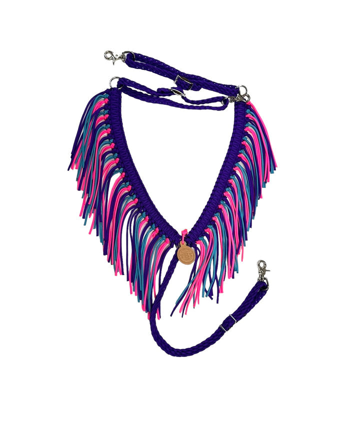 Purple fringe breast collar with a wither strap.