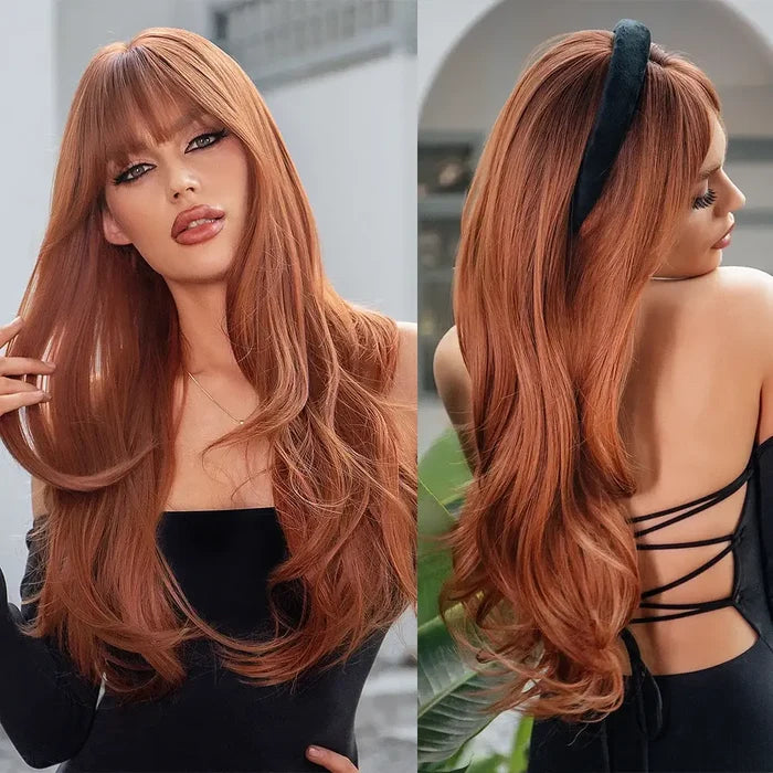 Red Brown Copper Long Natural Wave Wig