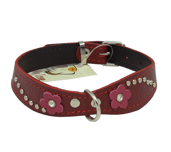 Red Genuine leather Designer Dog Collar 11"x3/4" with Studs, Daisy, and Rhinestone