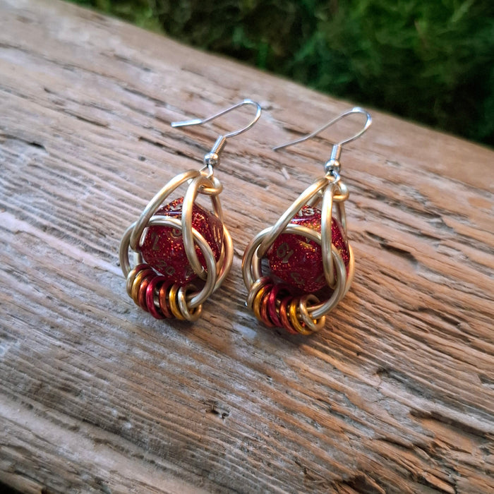 Red & Gold D20 Dice Chainmail Earrings