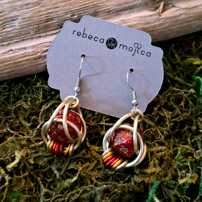 Red & Gold D20 Dice Chainmail Earrings